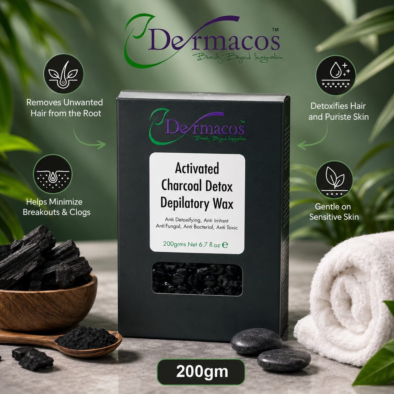 Dermacos Activated Charcoal Liposoluble Depilatory Wax (200gm) — view 1
