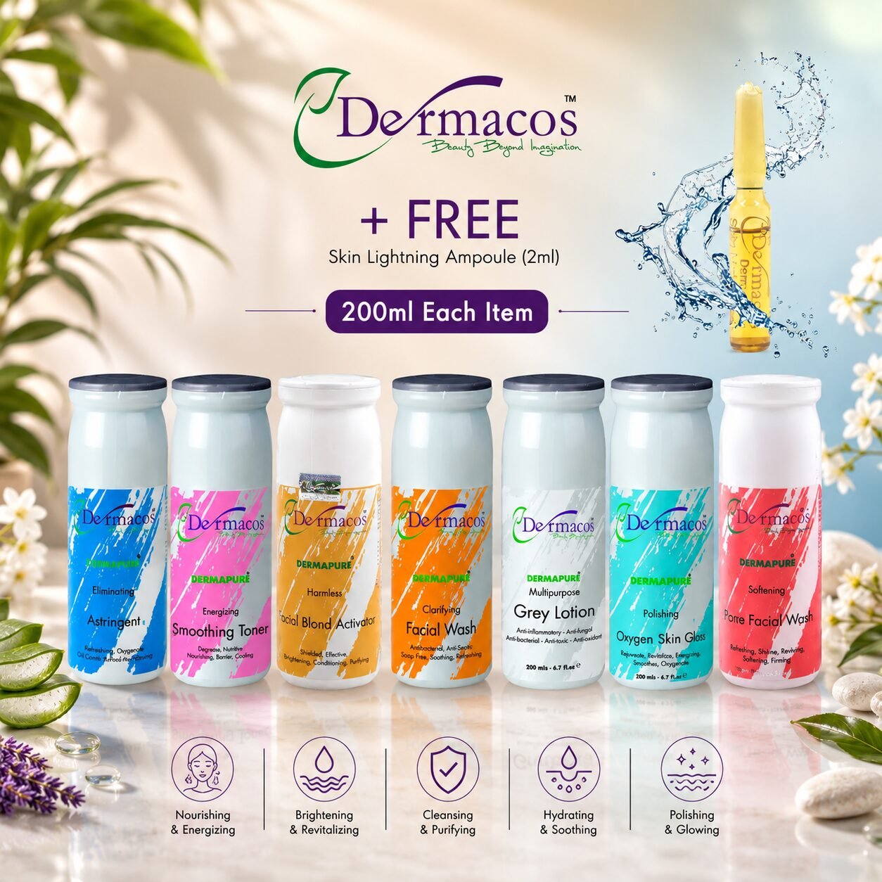 Dermacos Complete Facial Tubes (200ml Each) Pack of 7 + FREE Skin Lightning Ampoule (2ml) — view 1
