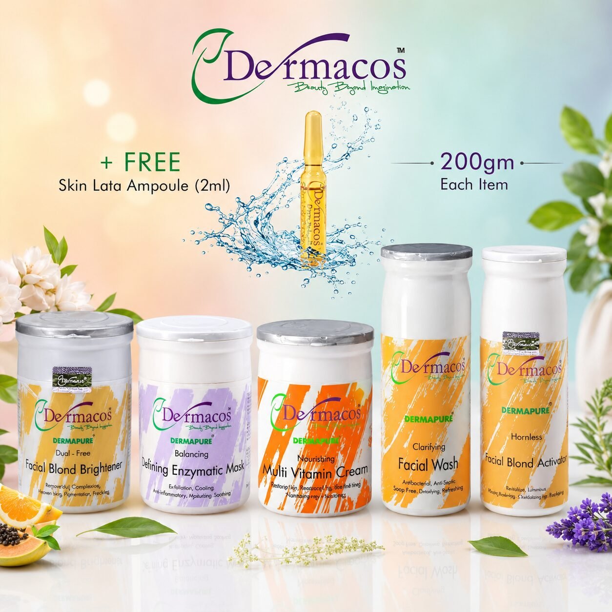 Dermacos Essential Radiance Facial Kit (200gm Each) Pack of 5 + FREE Skin Lightning Ampoule (2ml) — view 1