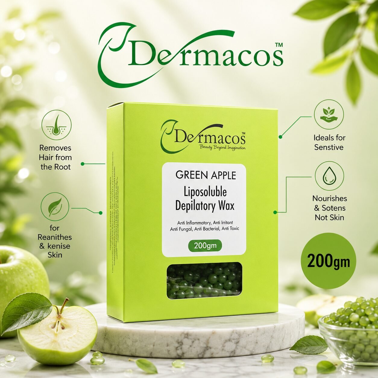 Dermacos Green Apple Liposoluble Depilatory Wax (200gm) — view 1