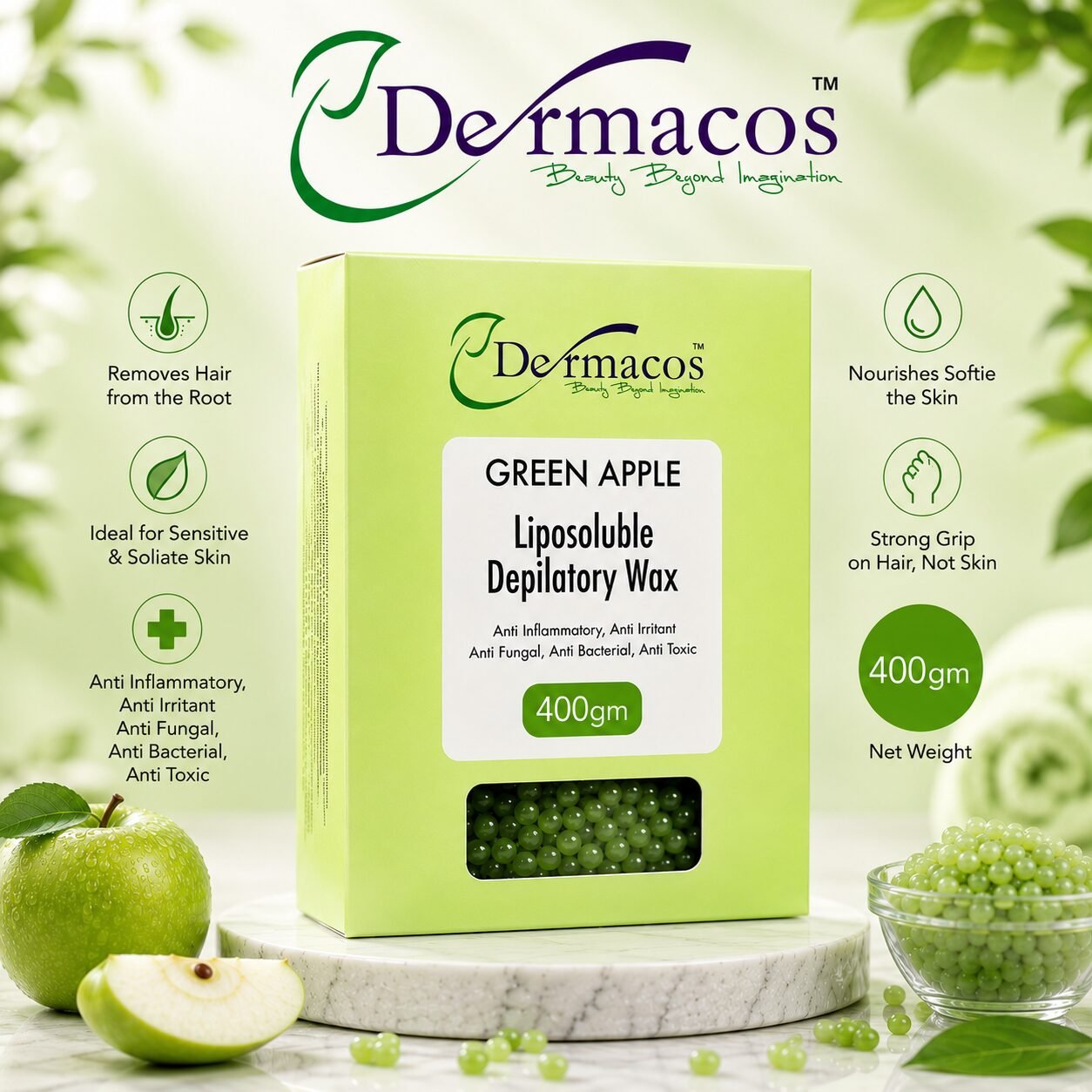 Dermacos Green Apple Liposoluble Depilatory Wax (400gm) — view 1