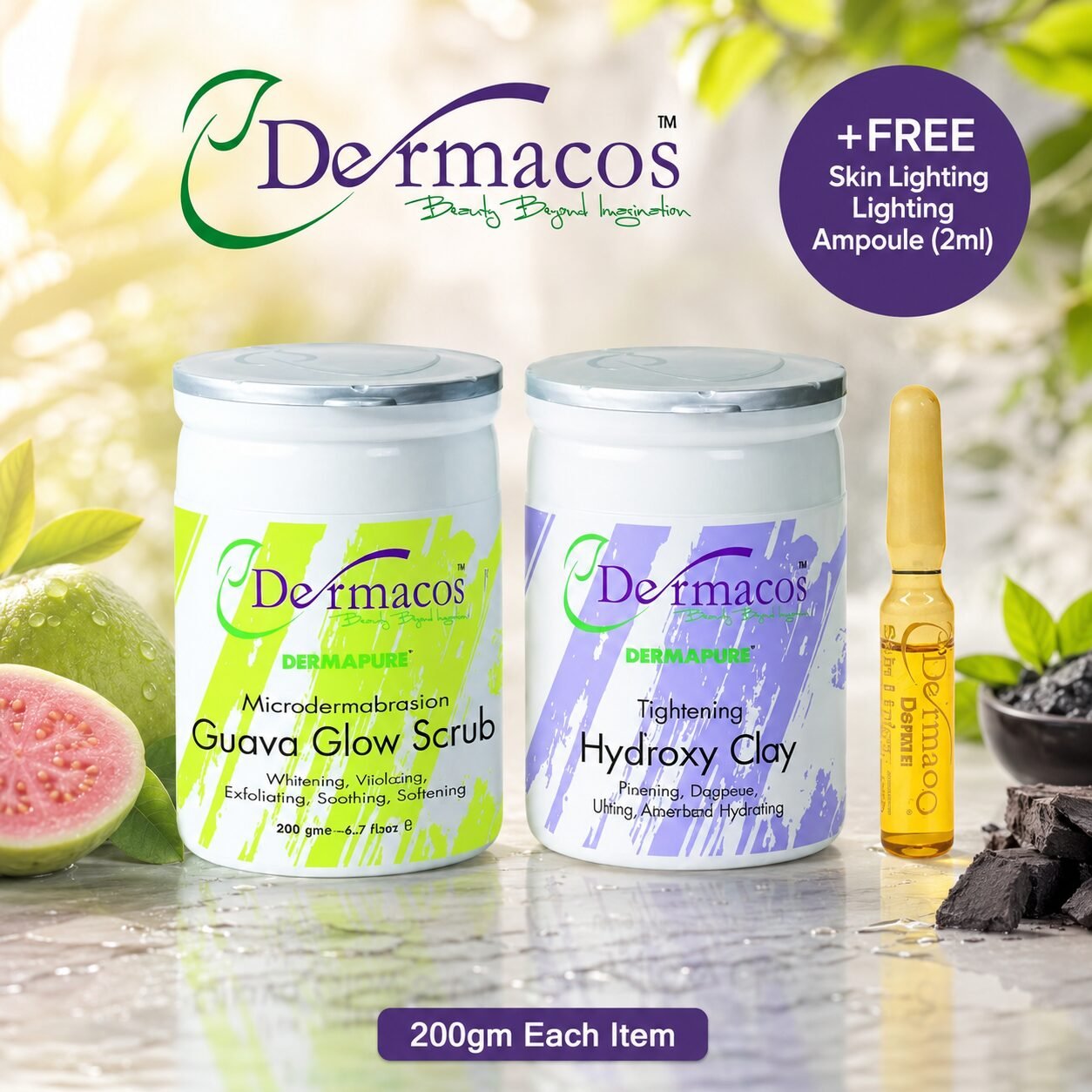 Dermacos Guava Glow Scrub + Hydroxy Clay (200gm Each) Pack of 2 Deal + FREE Skin Lightning Ampoule (2ml) — view 1