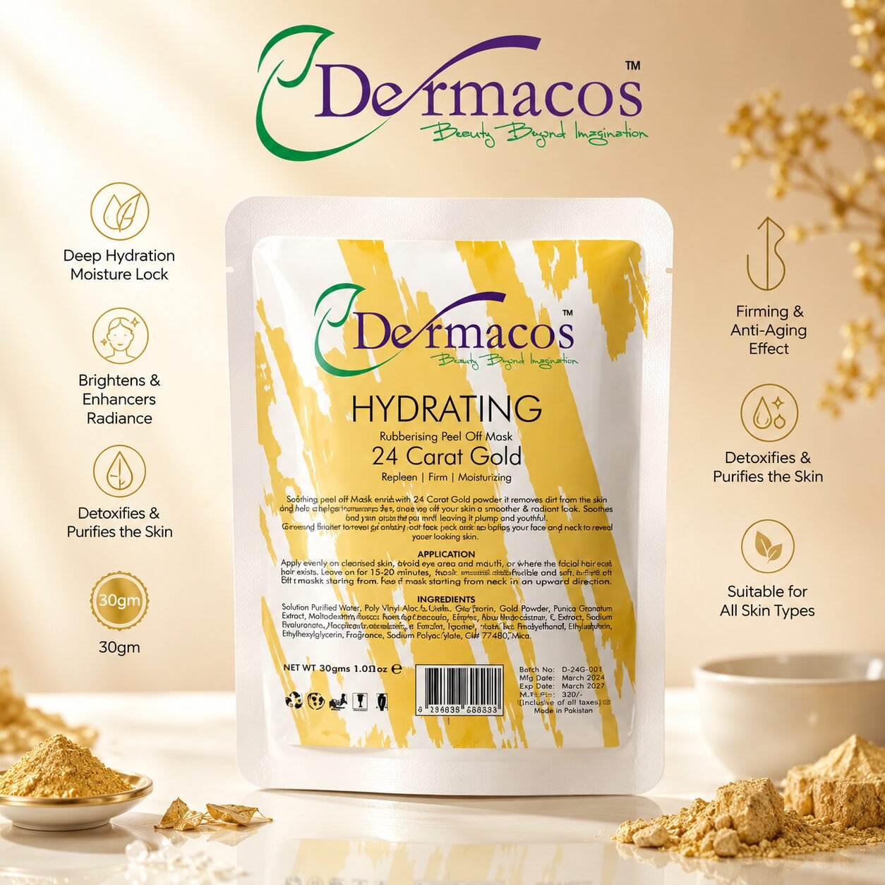 Dermacos Hydrating Rubbering Peel-Off Mask 24 Carat Gold (30gm) — view 1