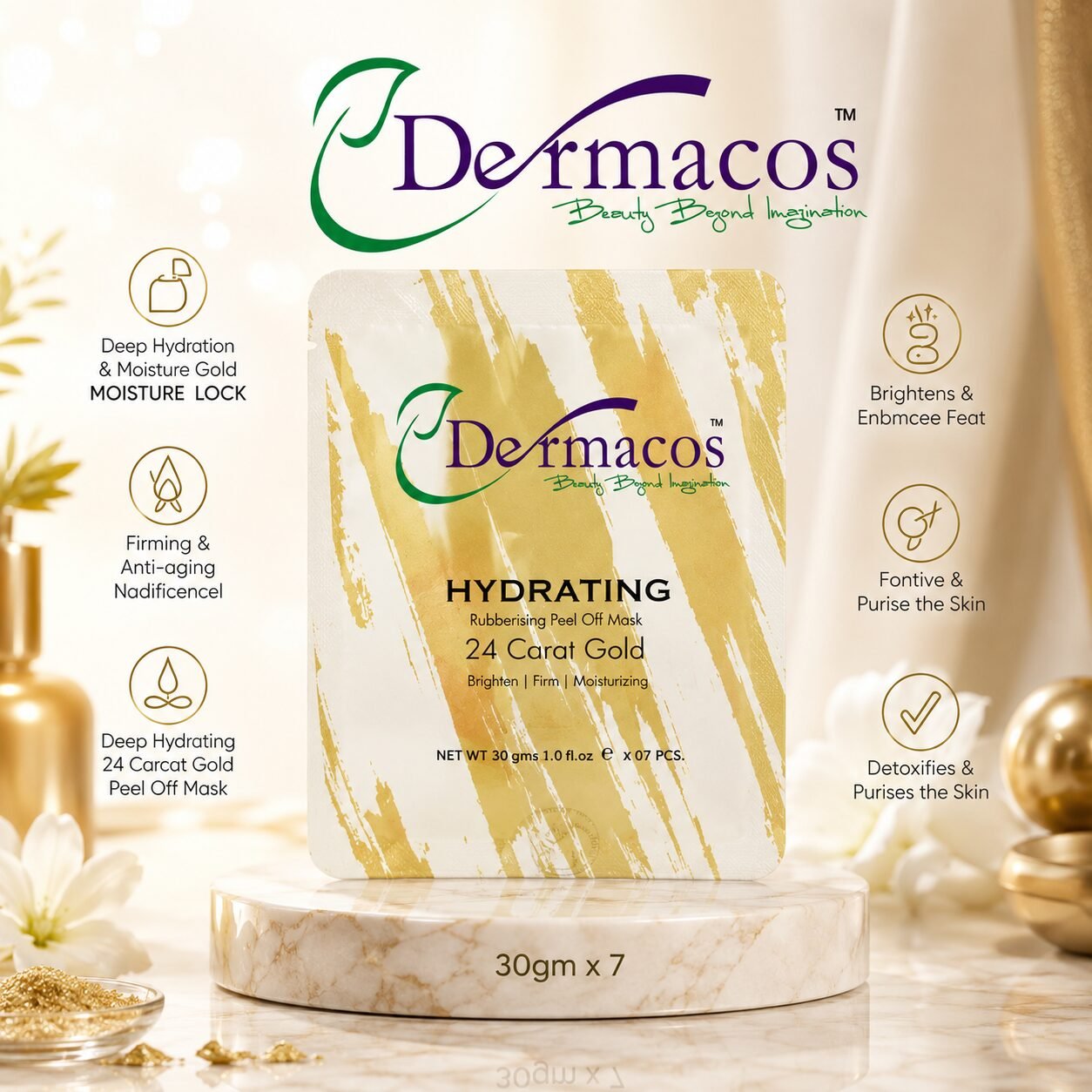 Dermacos Hydrating Rubbering Peel-Off Mask 24 Carat Gold (30gm) Pack of 7 — view 1