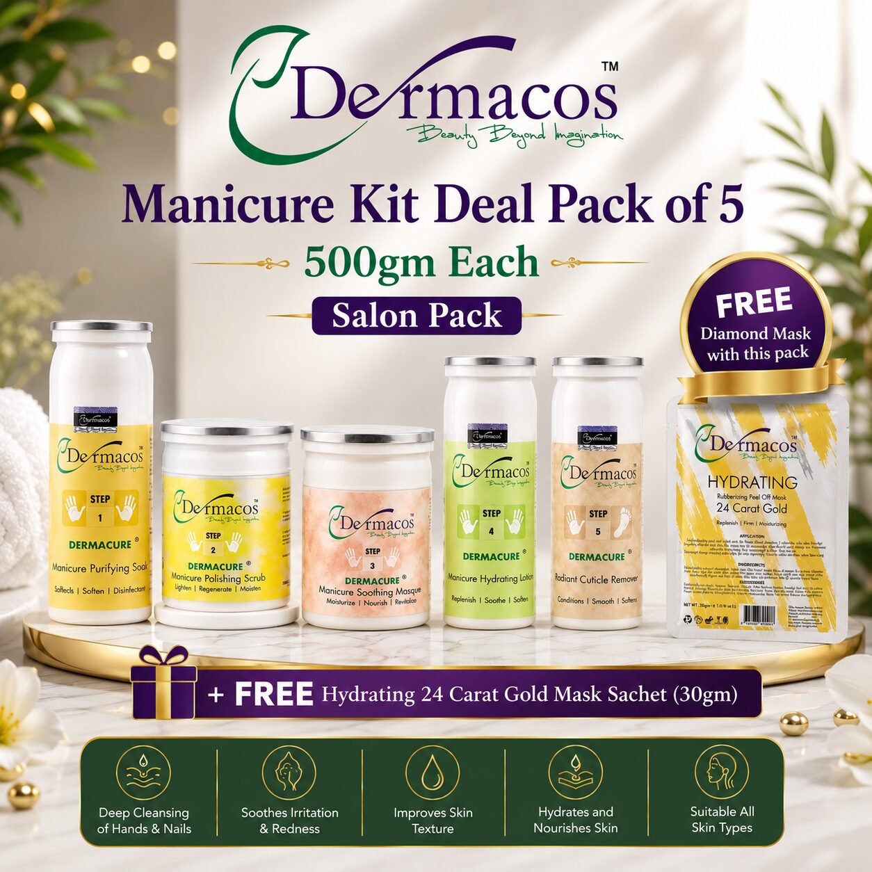 Dermacos Manicure Kit (500ml Each) Salon Pack Pack of 5 + FREE Gold Mask — view 1