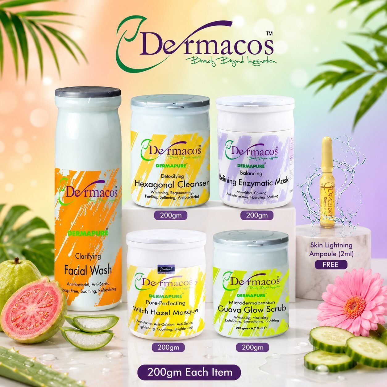Dermacos Radiance Boost Facial Kit (200ml Each) Pack of 5 + FREE Skin Lightning Ampoule (2ml) — view 1