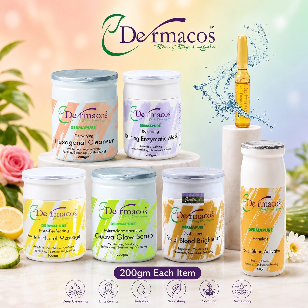 Dermacos Skincare Essentials Facial Kit (200ml Each) Pack of 6 + FREE Skin Lightning Ampoule (2ml) — view 1
