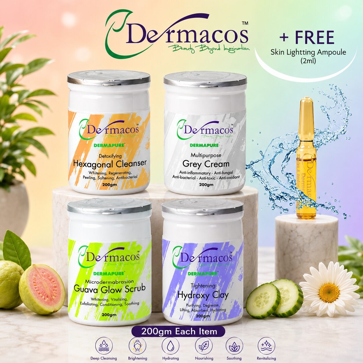 Dermacos Skincare Routine Facial Kit (200ml Each) Pack of 4 + FREE Skin Lightning Ampoule (2ml) — view 1