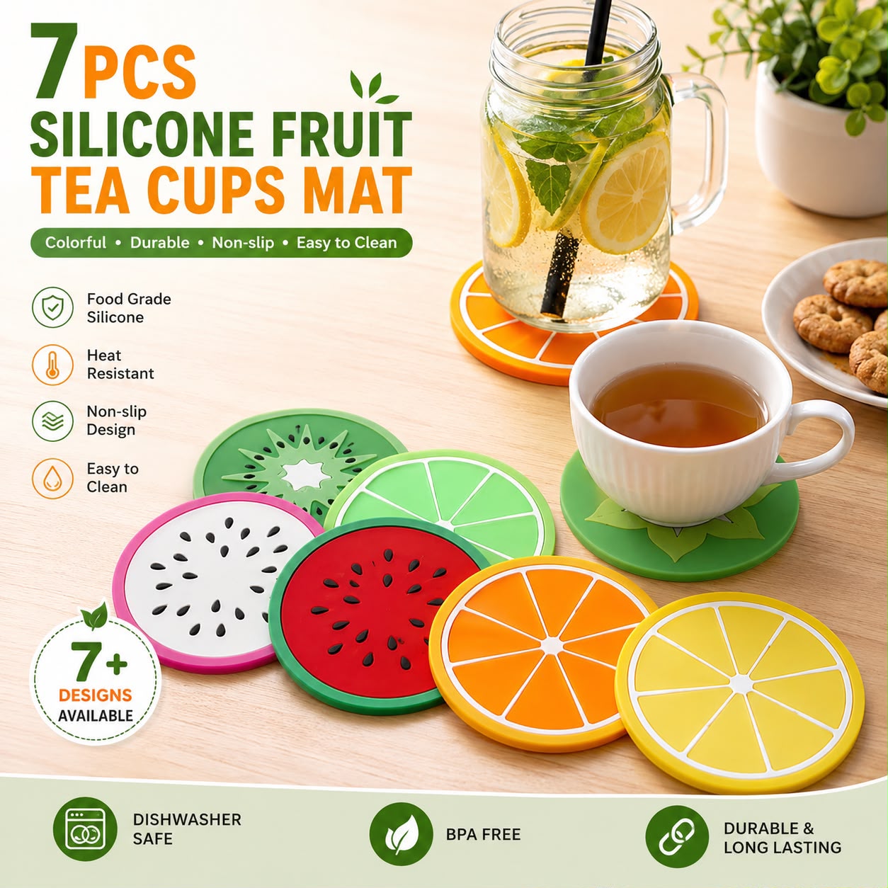 7 Pcs Silicone Fruit Tea Cup Mats — view 1