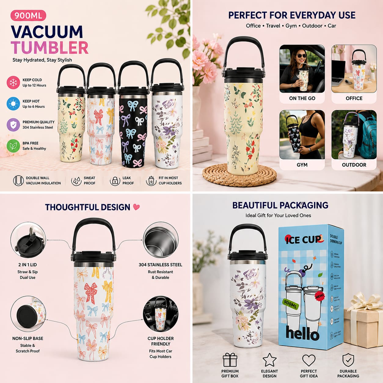 900ML Bow Design Vacuum Tumbler — view 1