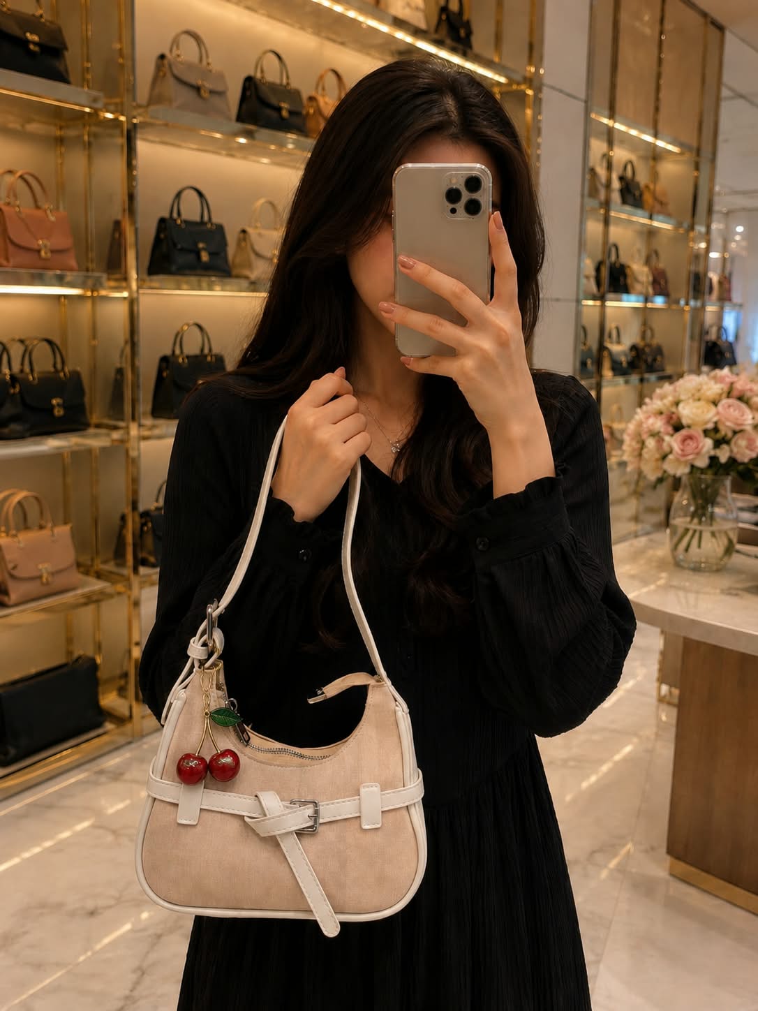 Imported Shoulder Bag with Cherry Keychain & Dust Bag — view 11