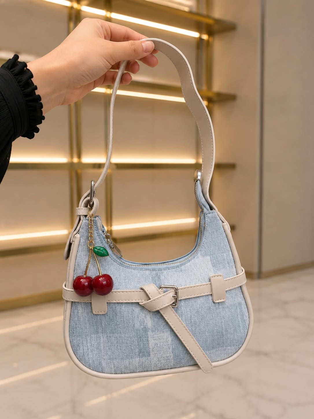 Imported Shoulder Bag with Cherry Keychain & Dust Bag — view 12