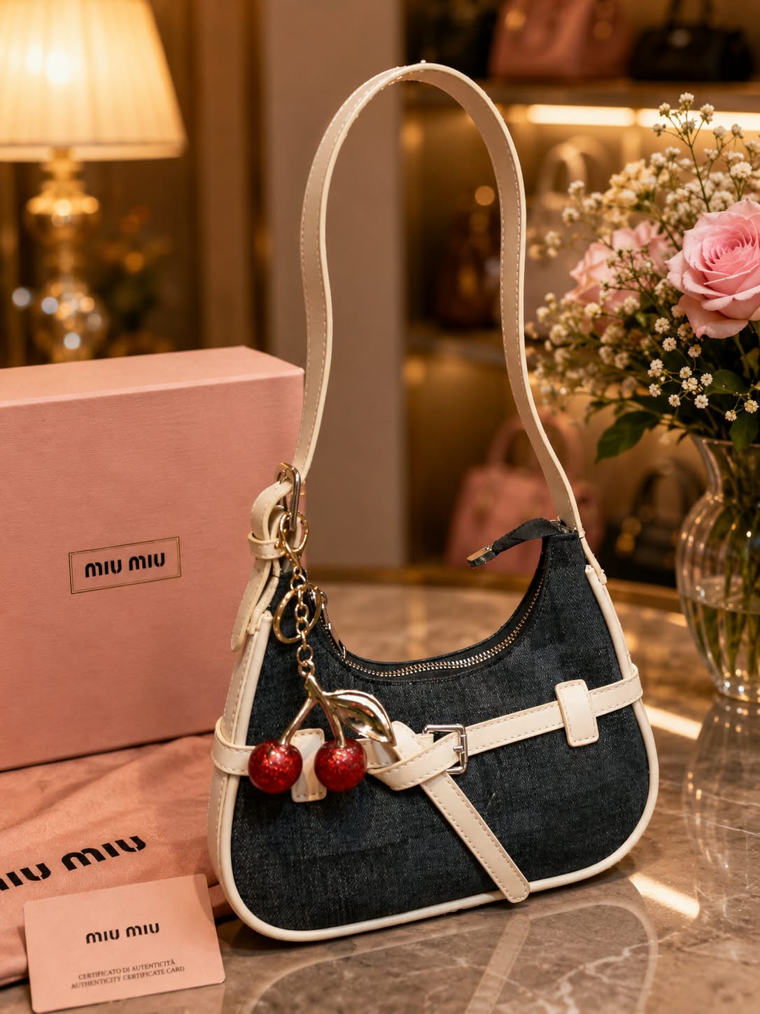Imported Shoulder Bag with Cherry Keychain & Dust Bag — view 2