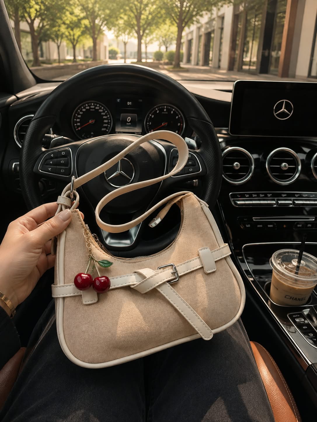 Imported Shoulder Bag with Cherry Keychain & Dust Bag — view 7