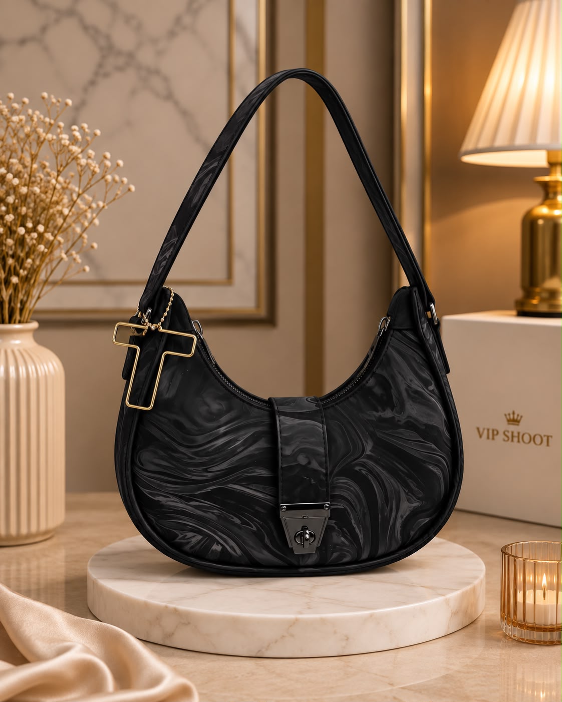 Marble Texture Moon Style Bag with Alphabet Keychain — view 3
