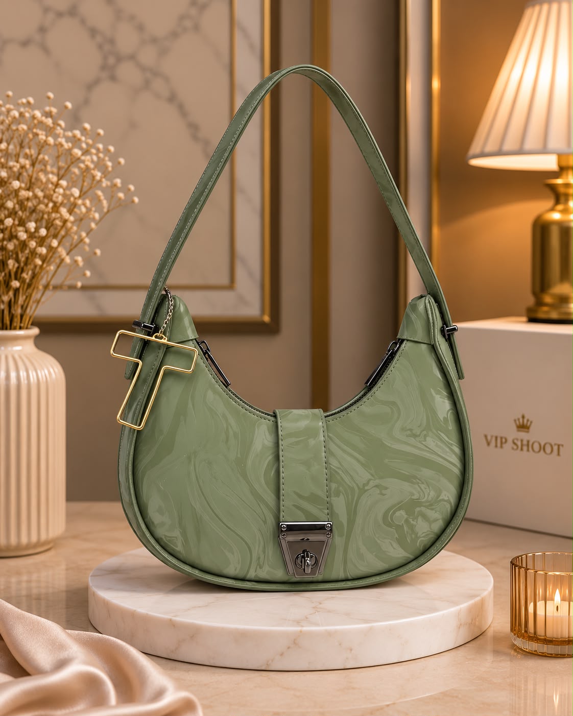 Marble Texture Moon Style Bag with Alphabet Keychain — view 5