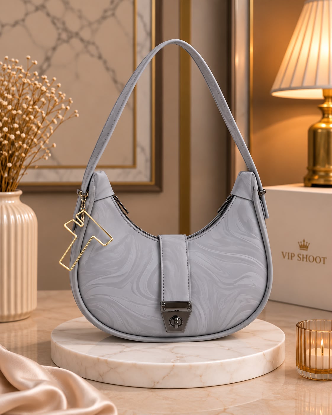 Marble Texture Moon Style Bag with Alphabet Keychain — view 6