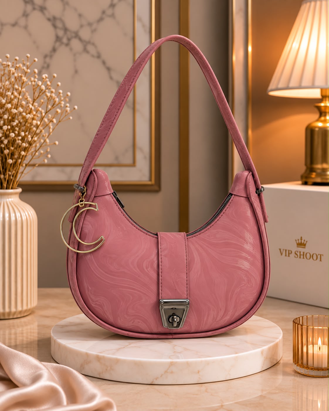 Marble Texture Moon Style Bag with Alphabet Keychain — view 7