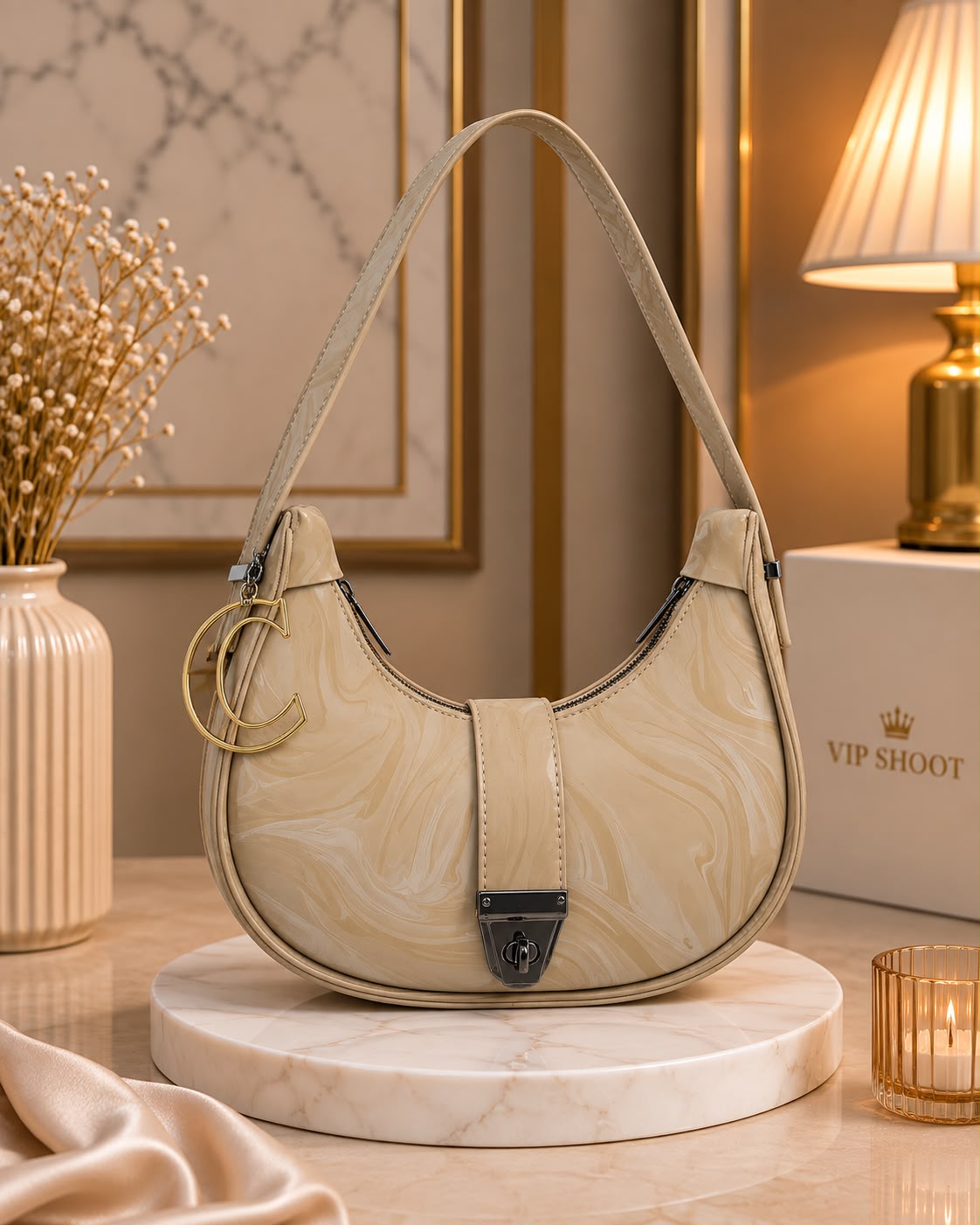 Marble Texture Moon Style Bag with Alphabet Keychain — view 8