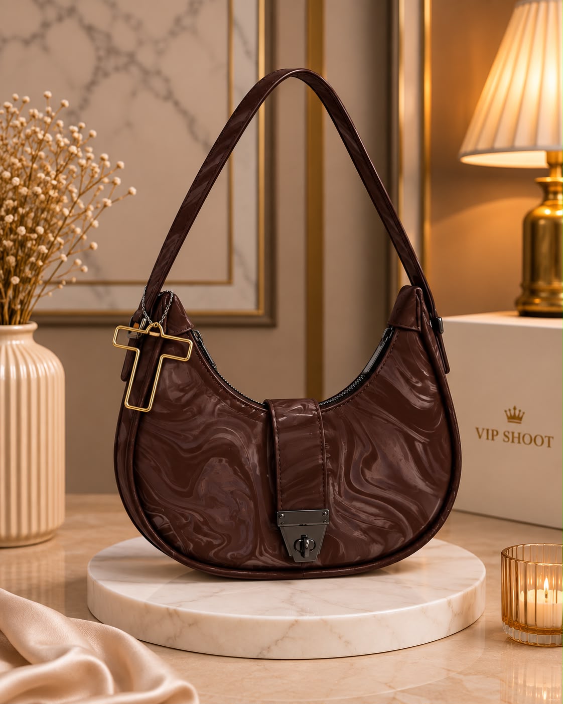 Marble Texture Moon Style Bag with Alphabet Keychain — view 9